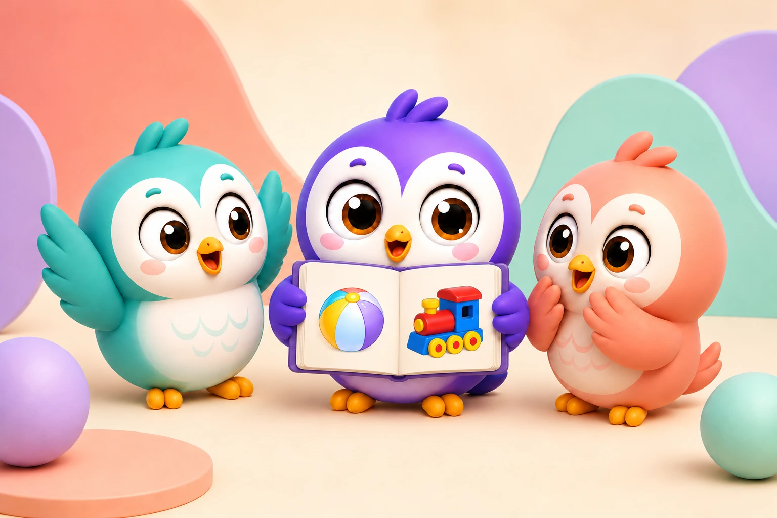 Three friendly owls sharing a family moment